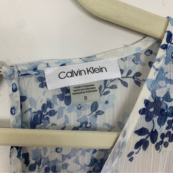 Calvin Klein High Low Midi Dress White Blue Floral Print Size 8 - Picture 2 of 12